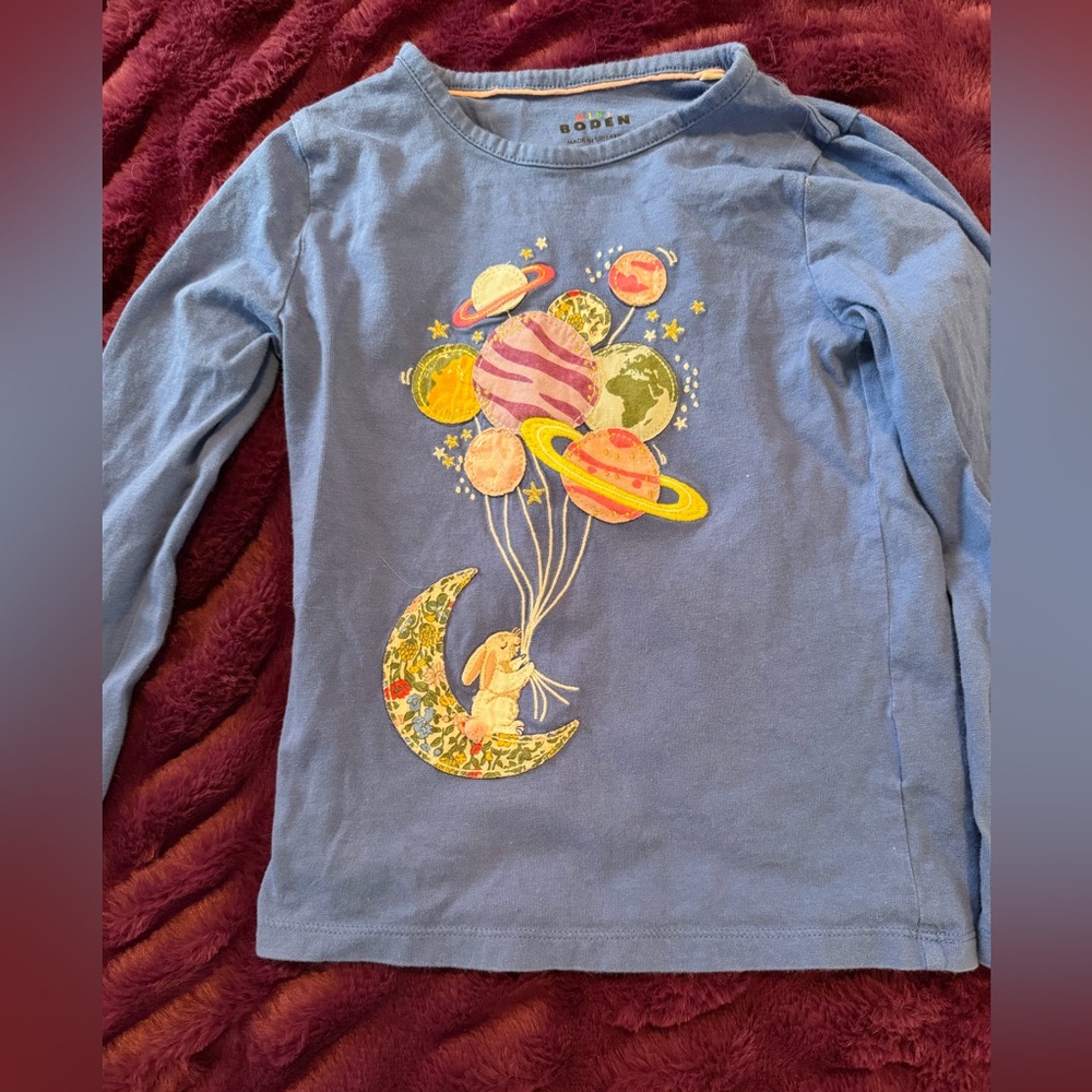 Mini Boden Blue Long Sleeve Tee with Planet and Bunny Design